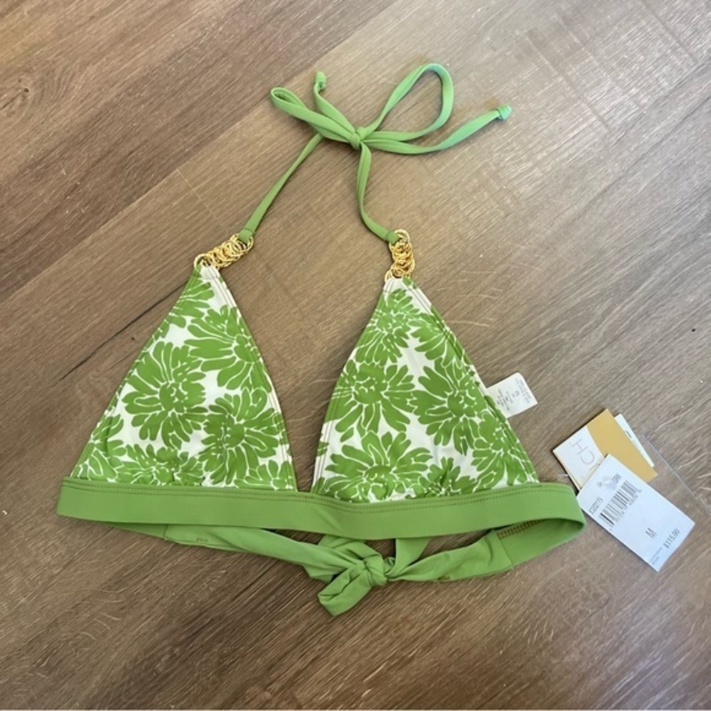 NWT Playa by La Blanca Green White Floral Triangle Bikini Top Womens Size Small